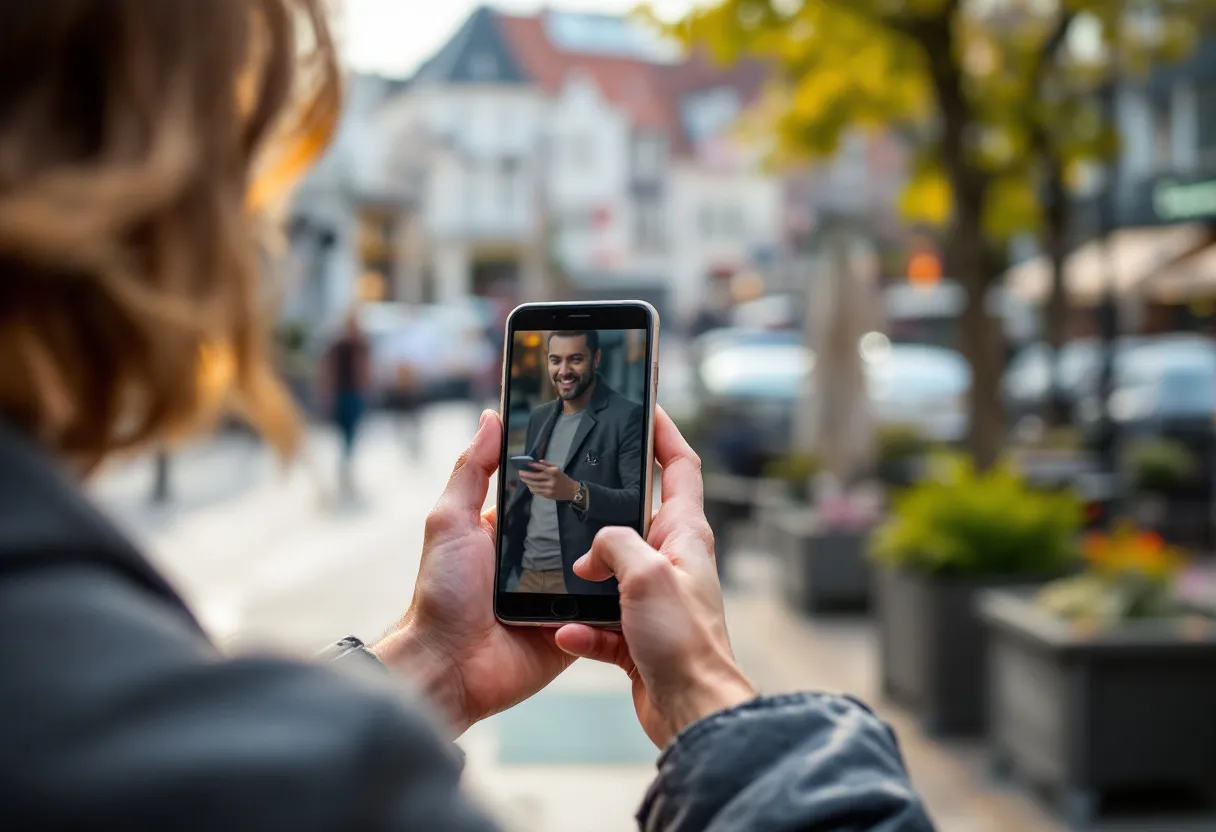 Een fotorealistisch beeld van een glimlachende persoon die een smartphone vasthoudt met daarop een scherm vol flexi-job vacatures in Waregem, terwijl op de achtergrond het bruisende centrum van Waregem met terrasjes en winkels zichtbaar is.
