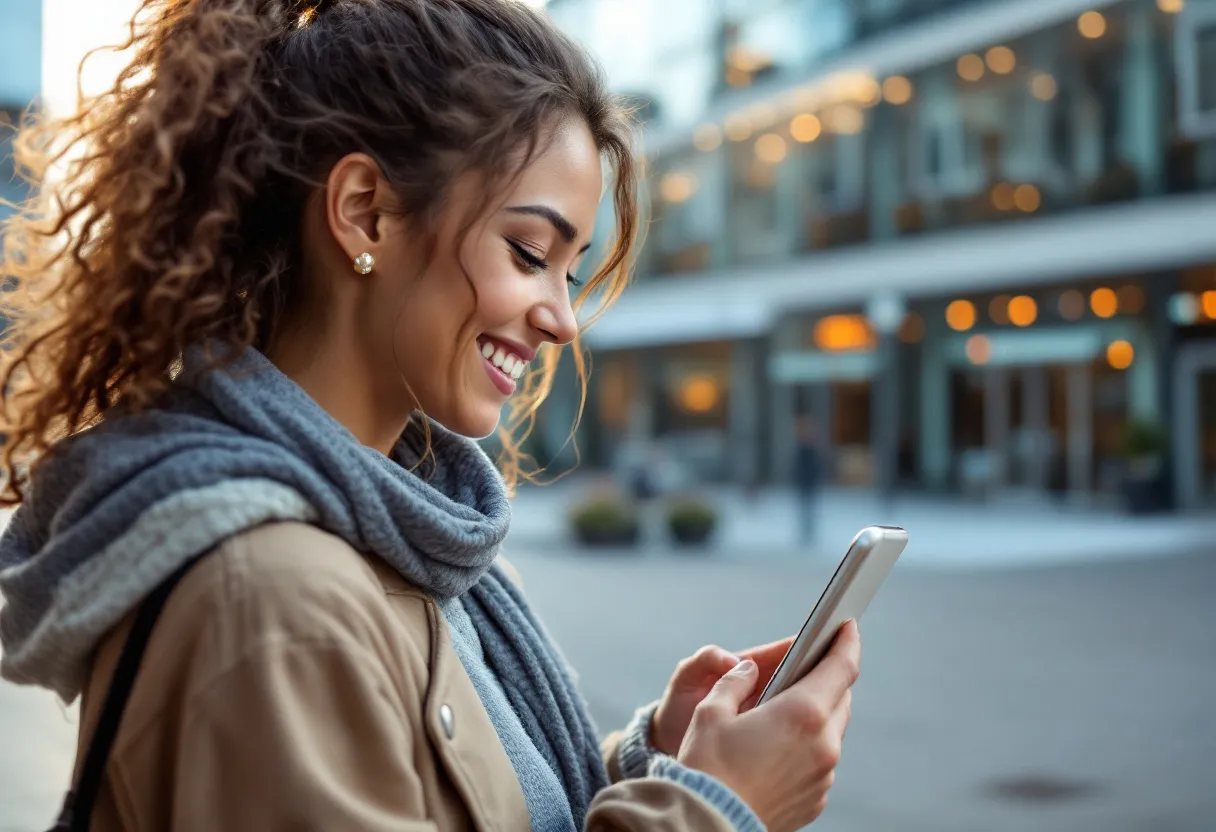 Een lachende jonge vrouw met een koffie in de hand kijkt op haar smartphone terwijl ze voor een modern gebouw in het centrum van Waregem staat. Op het scherm is een vacaturelijst voor flexi-jobs zichtbaar.