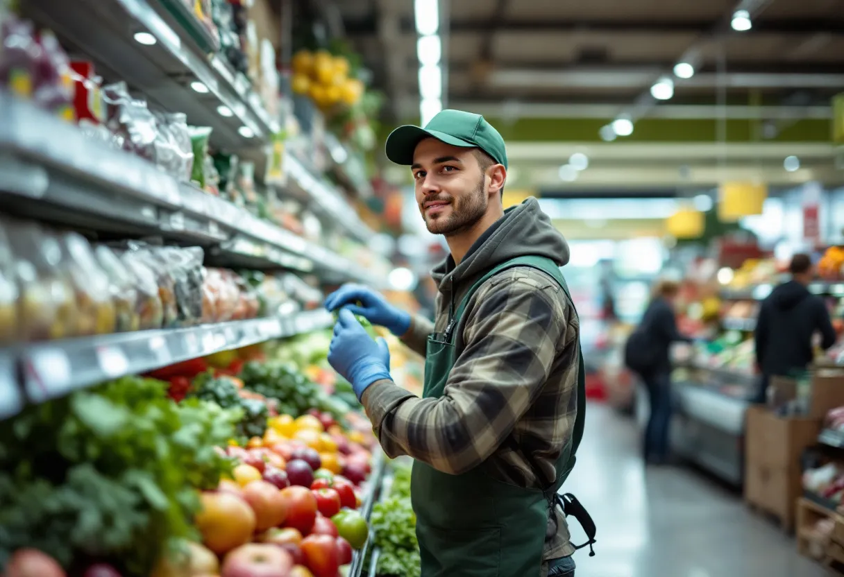 Een jonge medewerker vult met een glimlach de groenteschappen in een lichte supermarkt in Waregem.