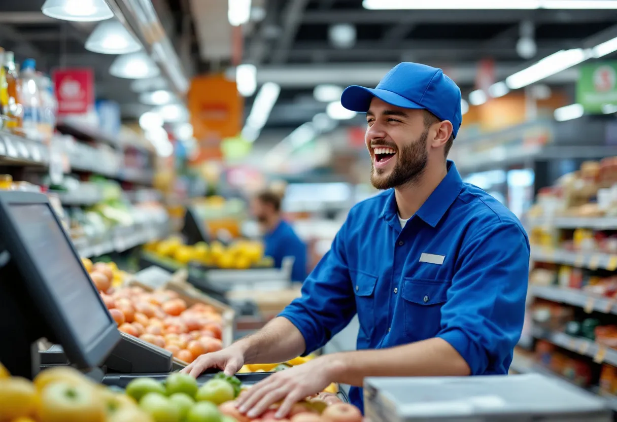 Een jonge medewerker in een blauw winkeluniform lacht terwijl hij producten scant aan de kassa in een supermarkt in Waregem.