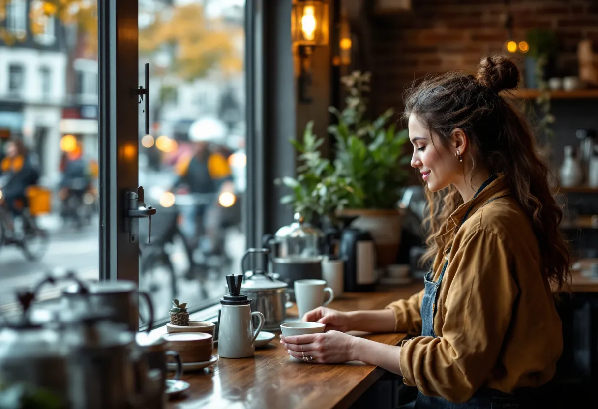 Een jonge vrouw serveert met een glimlach koffie in een gezellig café in Waregem, door het raam zie je de kerktoren van Waregem en fietsers op straat.